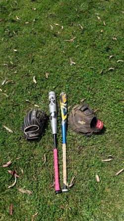 baseball gloves and bats