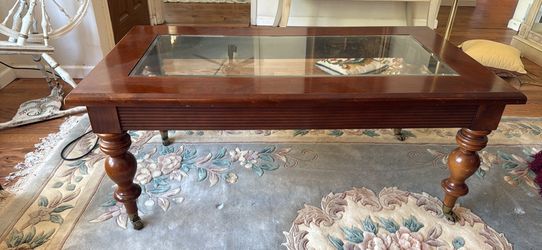Vintage Wood Coffee Table with Glass Inset and Casters