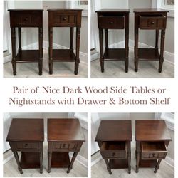 Pair of Nice Dark Wood Side Tables or Nightstands with Drawer & Bottom Shelf 