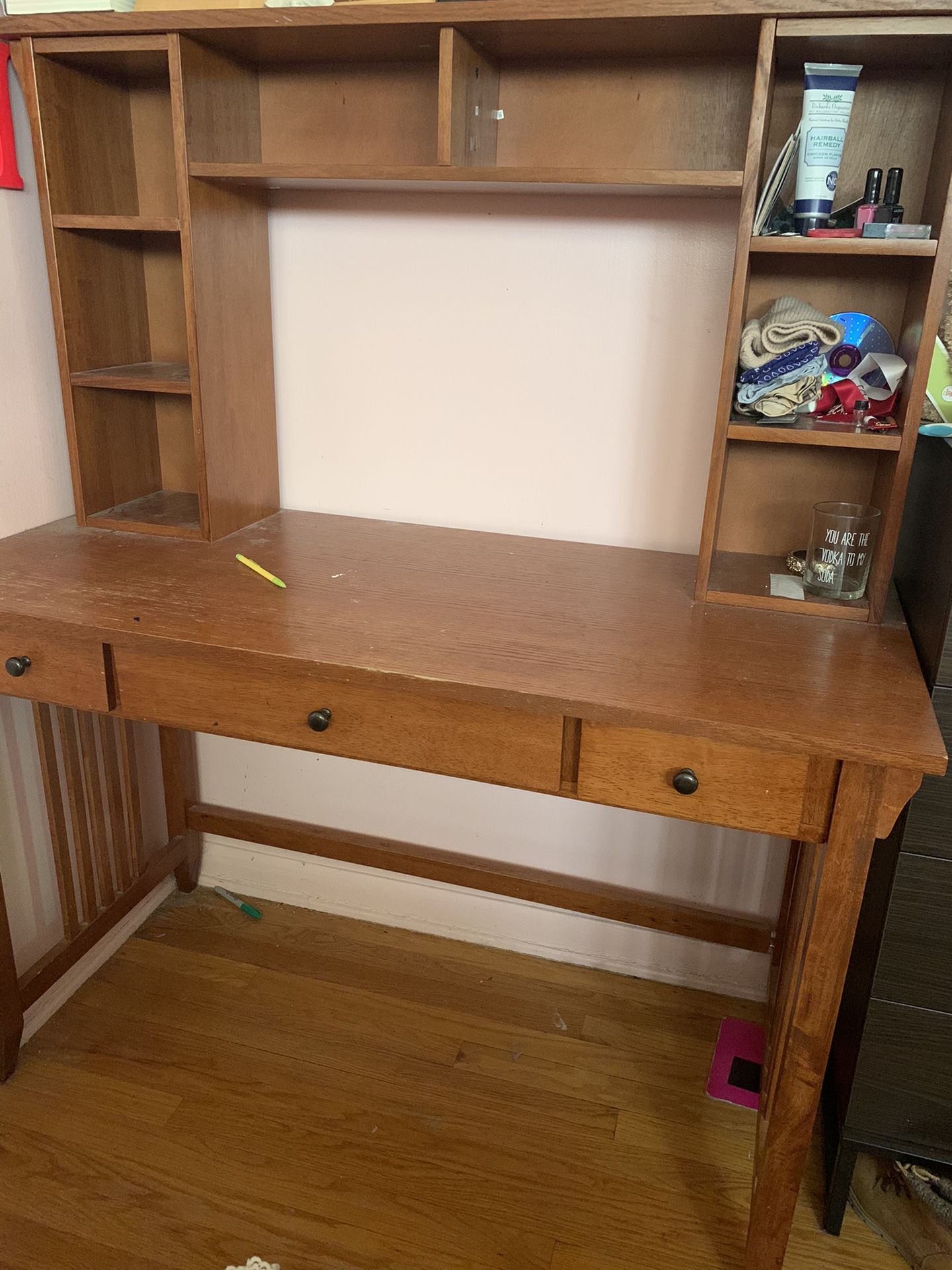 Wooden student desk with hutch