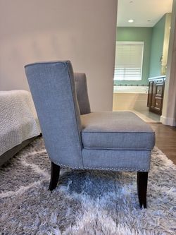 Gray Upholstered Slipper Chair with Nailhead Trim