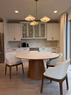 Rove Concepts Winston 63" Round Dining Table + 4 Aubrey Armchairs | Ceramic Top, Walnut