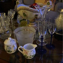 6 Items: 1 Tall Blown  Crystal Glass, Milk And Sugar Floral , Antique Ice Bucket And 2 Champagne Glasses 