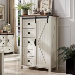 OKD Modern Farmhouse 5-Drawer Dresser with Barn Door, Adjustable Storage Cabinet for Bedroom Living Room, White