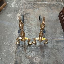 Brass and iron fireplace andirons, 
