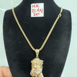 14K Yellow Gold Franco Chain and Cristo Face Pendant 21.4Gr 24 Inches Long 