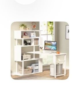 Rotating L shapes Desk with side bookshelf
