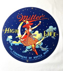 MILLER LITE HIGH LIFE Ande Rooney Repro Metal Signage Enameled 11” Lady  On The Moon Man Cave