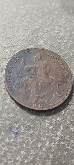 1915 French 5 Centimes Bronze Coin