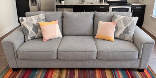 Plush Gray 3 Seat Sofa + Designer Pillows