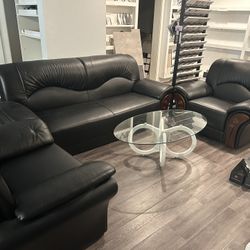 Black Leather Sofa Set - 3 Pieces + Glass Coffee Table - Great Condition! 