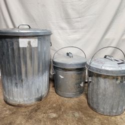 20 Gallon, And (2) 5 Gallon Metal Utility/Storage Cans With Lids