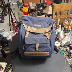 K & F Concept 20L Navy Blue Camera Backpack Features Brown Faux Leather Accents, Room For Camera, Gear, Laptop & Personal Items-Multiple Zippered & Ve