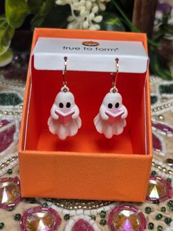 True to Form Ghost Reading Book Dangle Earrings (White & Pink)