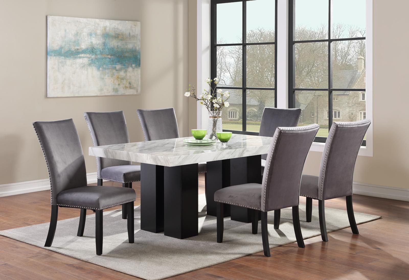 Dining table marble top with 6 velvet chairs