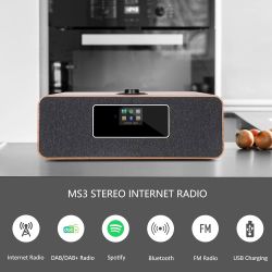 MS3 Digital DAB Radio,WIFI Internet FM Radio,Stereo Bluetooth Speakers,Spotify Connect,Dual Alarms Clock,USB Charger,Full Colour Display, Remote Contr