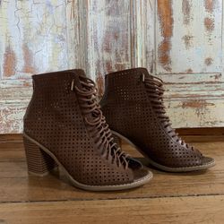 Perforated Pleather Open-Toed Bootie