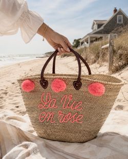 Handmade Moroccan Straw Beach bag – “La Vie En Rose” Pom Pom Basket Bag