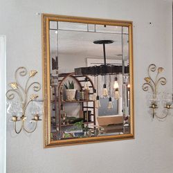 Vtge  Wall Etched  Wooden  Frame Mirror With Double Arm Metal Candle Sconces  And 4 Glass Votive Candeholders  Mirror  🪞30"×24"