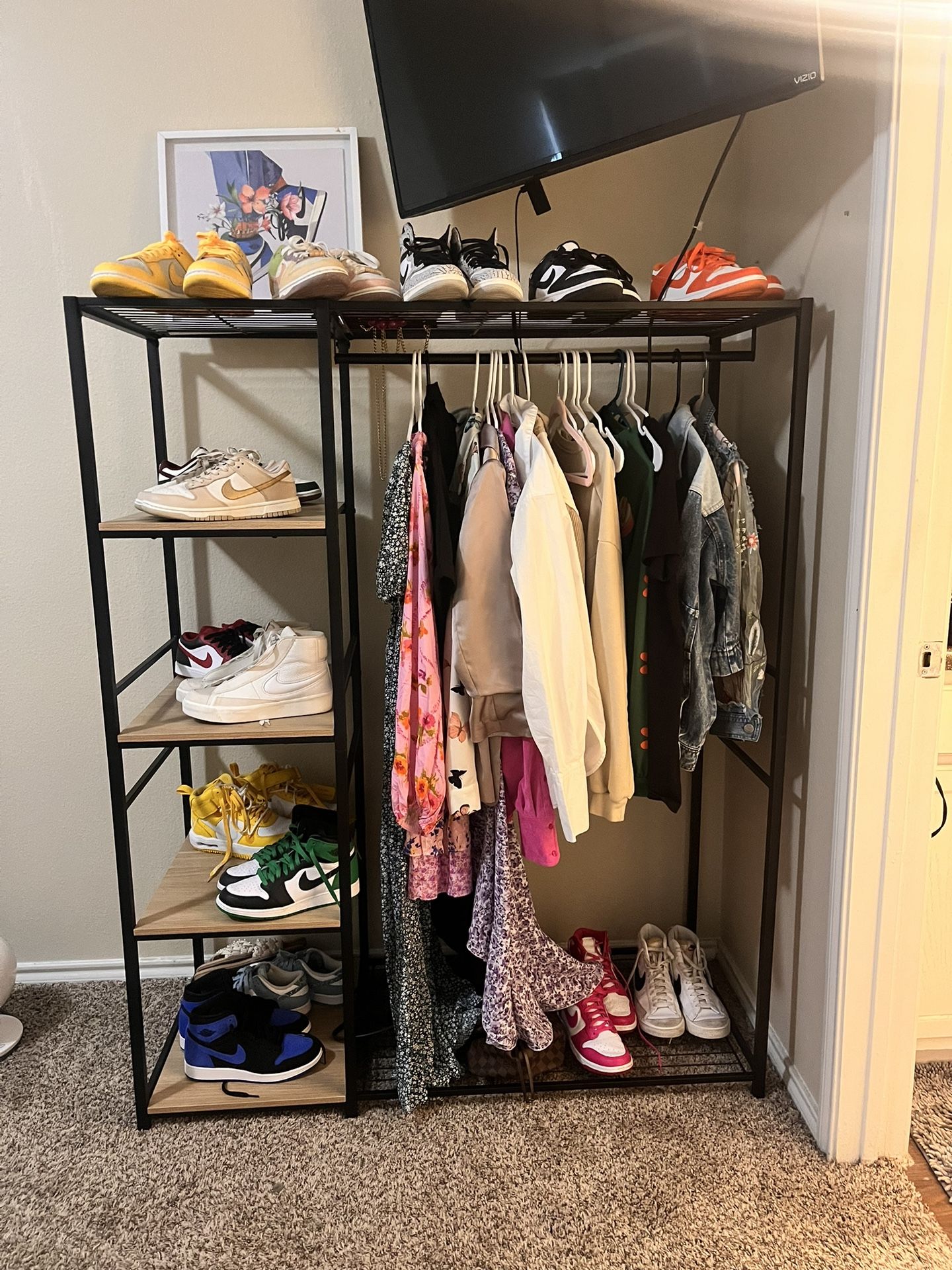 Freestanding Wardrobe Black Metal with Natural Wood