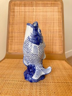 Blue & White Porcelain Koi Fish Vase Figurine Chinoiserie Coastal Decor