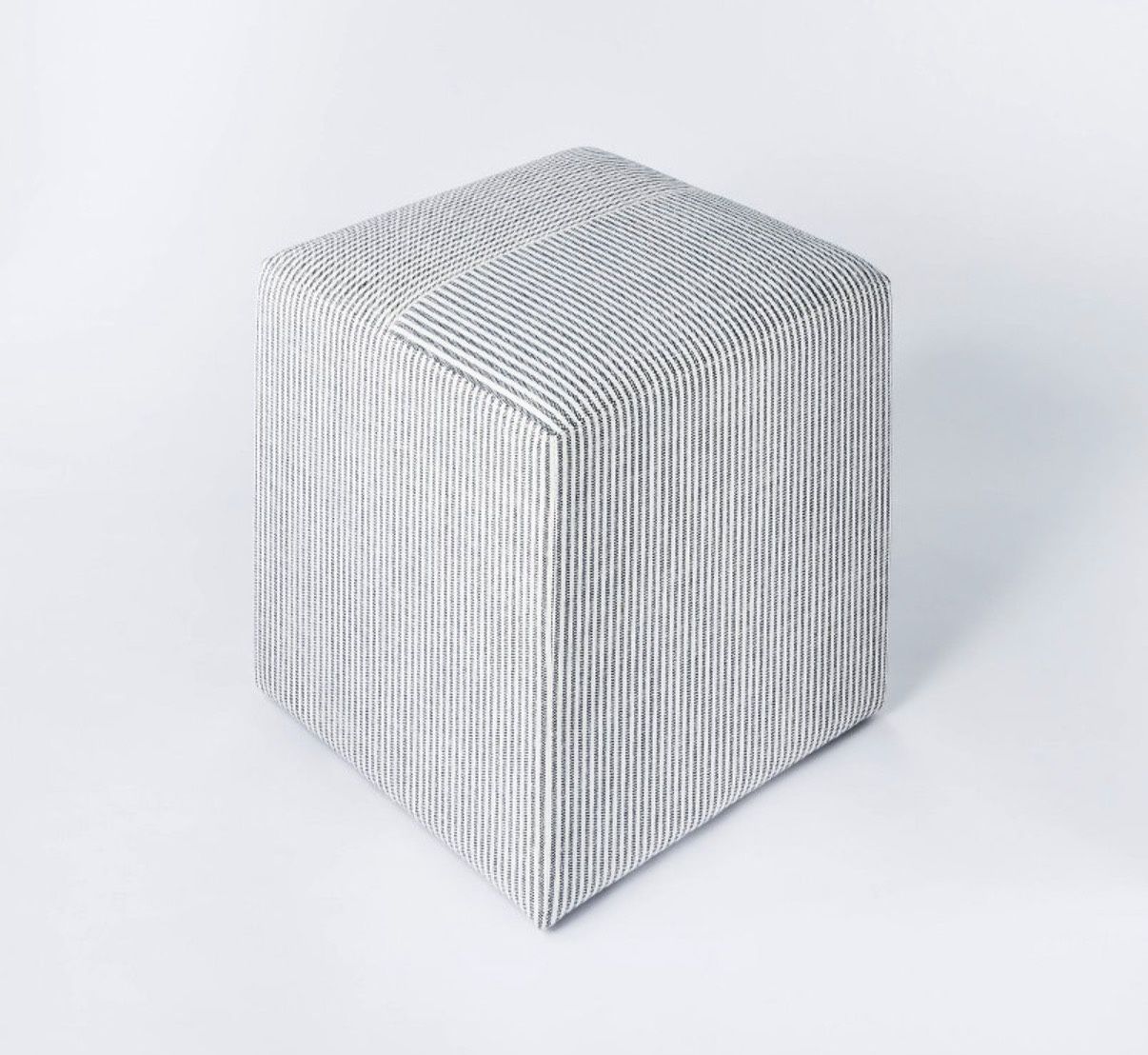 Lynwood Square Upholstered Cube Ottoman Ticking Navy Stripe - Threshold™