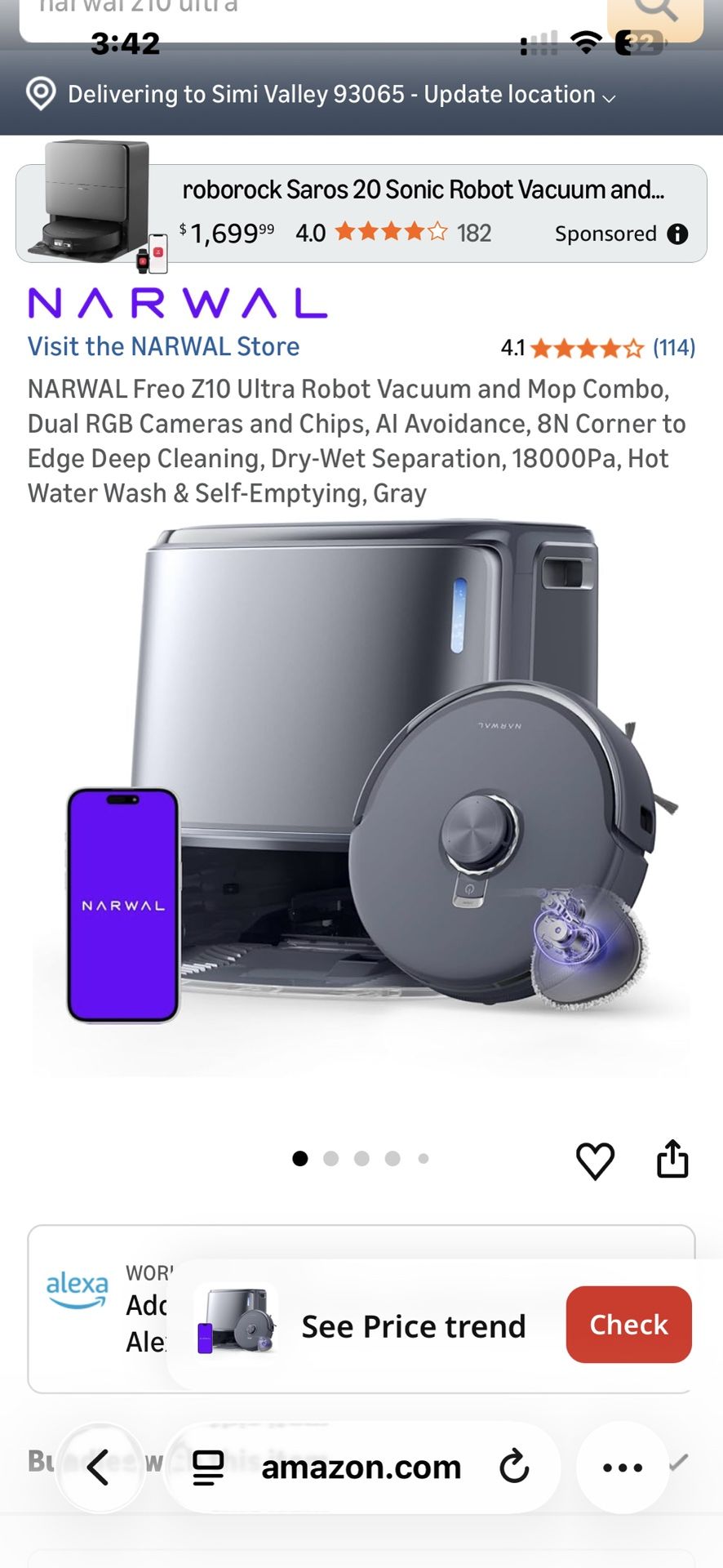 NARWAL Freo Z10 Ultra Robot Vacuum and Mop Combo, Dual RGB Cameras and Chips, AI Avoidance, 8N Corner to Edge Deep Cleaning, Dry-Wet Separation, 18000