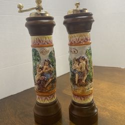 Vintage Capodimonte Porcelain And Wood Salt & Pepper Mill