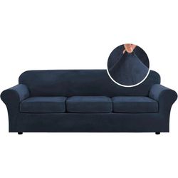 Modern Velvet Sofa Cover, 3 Cushion Sofa Couch Cover Navy Blue