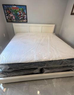 New King size bed frame with mattress Platform Bed Frame wooden headboard White FREE DELIVERY MATTRESS INCLUDED