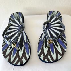Tory Burch Blue and Brown Patterned Flip Flops