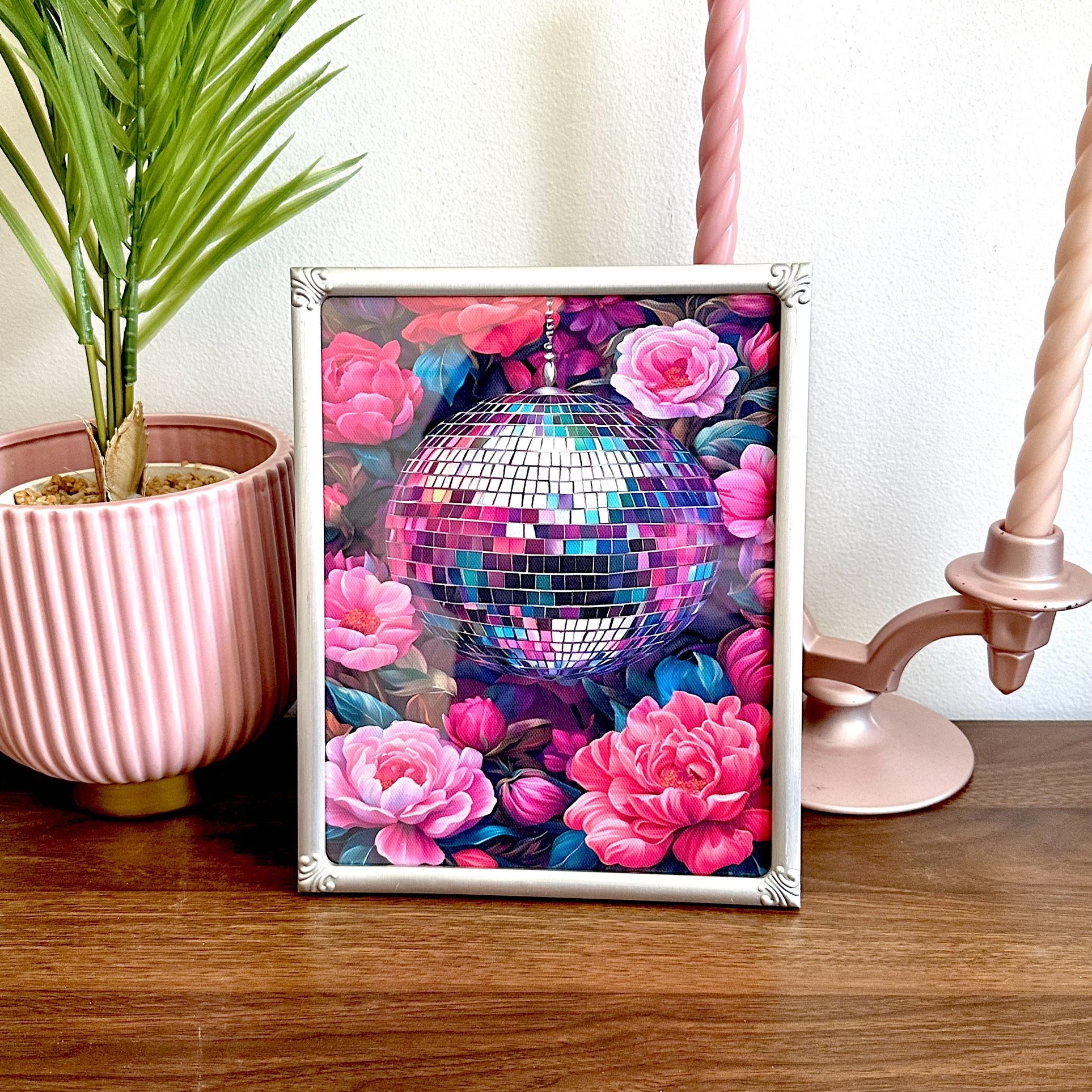 Pink Floral Disco Ball Mirror Ball Moody Canvas Art Print Silver Framed Wall Art