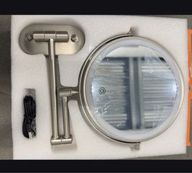 Rechargeable Wall Mounted Lighted Makeup Vanity Mirror 8 Inch 1X/10X Magnifying Mirror with 3 Color Lights, Double Sided Bathroom Mirror with Dimmable