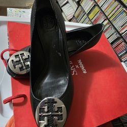 Tory Burch Black Leather Open Toe Wedges Shoes Women Size 9