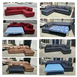  Brand NEW 9x7ft And 7X9FT SECTIONAL WITH SLEEPER CHAISE, Domino BLACK, CHARCOAL, Cinnabar  Fabric,  Dakota CAMEL LEATHER Lounge  Bed