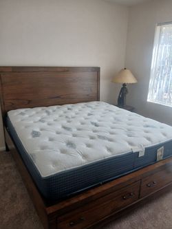 King size mattress made by "Ashleigh furniture"  with headboard/storage footboard side rails and slats.