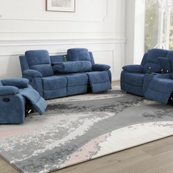 Blue Chenille Fully Reclining Three Piece Couch Set