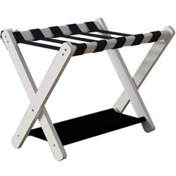 Luggage Rack-Solid Wood Hotel Suitcase Stand, Foldable Travel Organizer with Shoe Rack, White