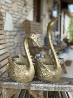 Vintage Mid-Century Brass Swan Planters - Large Mated Pair (13.75" & 10.25")