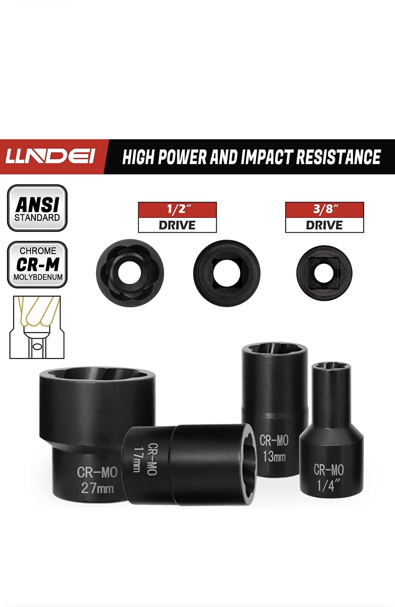 LLNDEI Upgrade Lug Nut Remover Bolt Extractor Set ½ in. and ⅜ in