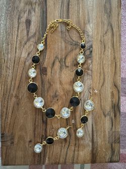 Goldtone, Black And Rhinestone Necklace And Earring Set
