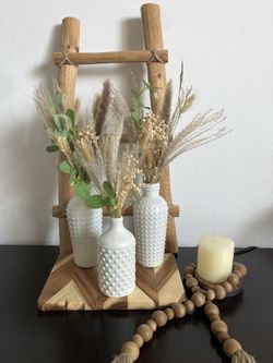 Modern Farmhouse White Hobnail Vase Set with Dried Pampas Décor (Set of 3)