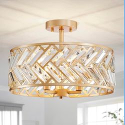 New 15.6” K9 Crystal Ceiling Light, Flushmount Fixture Close to Ceiling 3-Lights Chandelier Dimmable