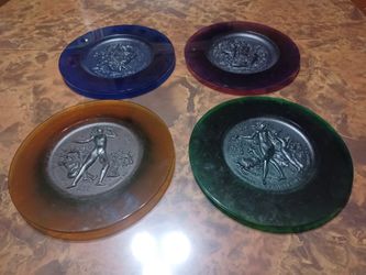 EUC 4 Daum Pate de Verre Four Seasons Plates 1(contact info removed) Cobalt Blue/Amethyst Purple/Amber/Emerald Green