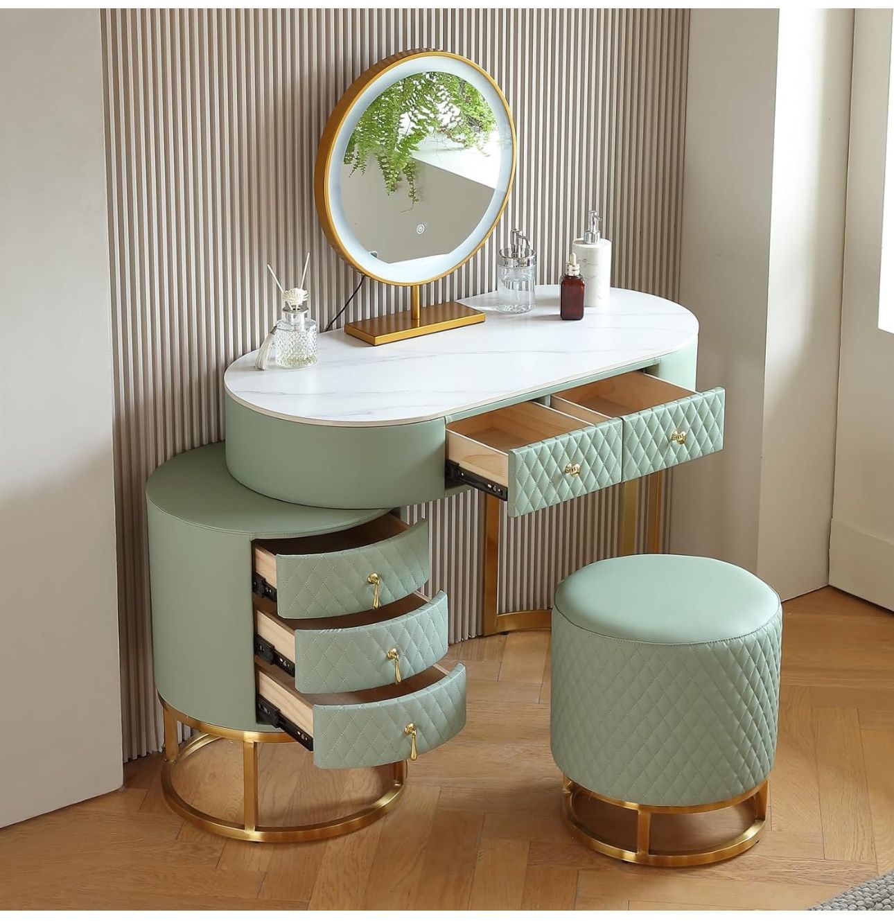 Fukayi Faux Leather Vanity Desk with Mirror and 3 Color LED Light, Dressing  Table with 5 Drawer - cruiseboatoman.com