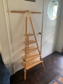 Wooden A-Frame Ladder Shelf with Top Hooks