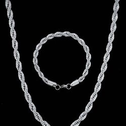 Men’s Classic Stainless Steel Silver Rope Chain Necklace & Bracelet Set!!!