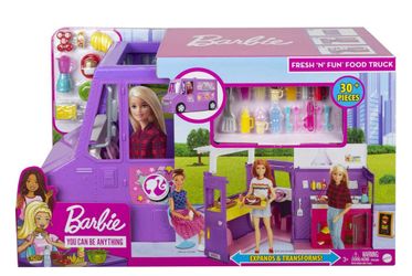 Barbie Fresh 'n Fun Food Truck Playset with Blonde Doll & 30+ Accessories. Lift Side for Kitchen