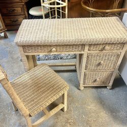 Vintage Wicker Desk With Chair 