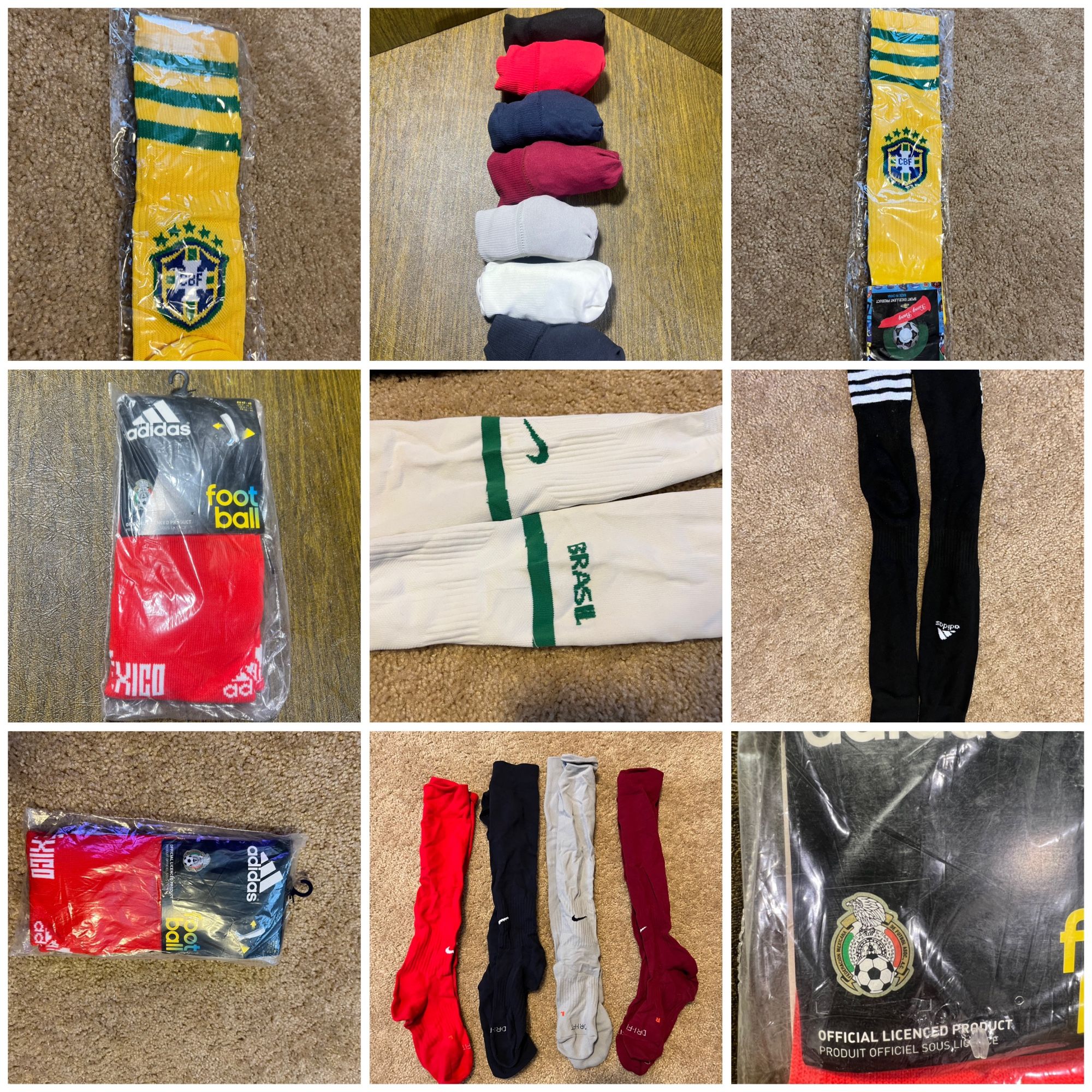 SOCCER SOCKS / NIKE / ADIDAS / UMBRO / Knee High ATHLETIC DRI-FIT/ 9 Pairs Lot / New & Used